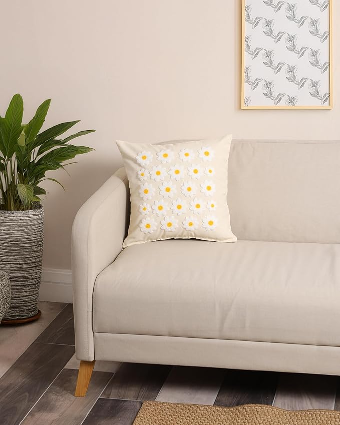katre home madame & textile Throw Pillow Cover – Handcrafted Daisy Design on Natural Cotton – 18x18 inch – Decorative Punch Needle Cushion Cover – Boho Floral Accent Pillowcase-Ruum Studio Home