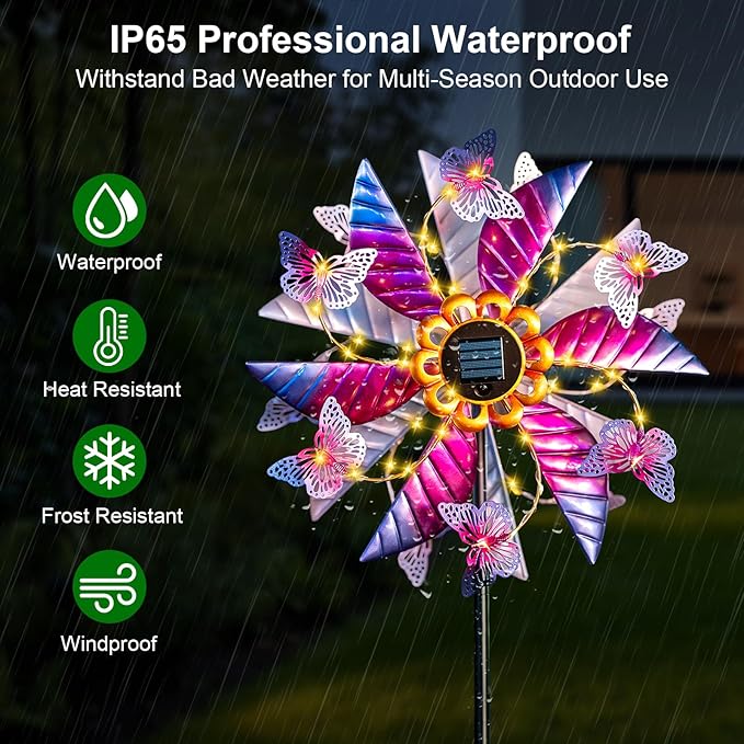 Solar Wind Spinner Outdoor, 360° Metal Large Butterflies Wind Sculpture with Outdoor Kinetic Windmills with Vine String LED Lights for Decor Garden Patio, Lawn & Yard-Ruum Studio Home