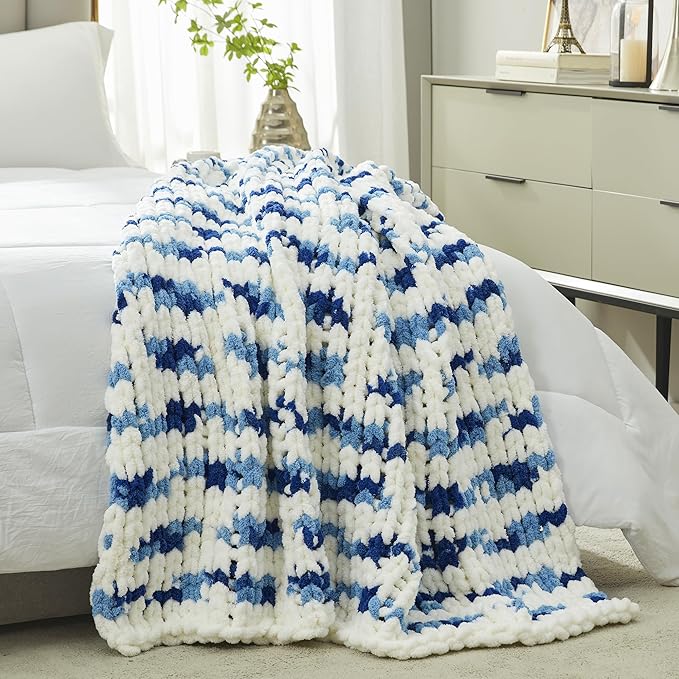Amélie Home Chunky Knit Throw Blanket for Couch, Soft Chenille Crochet Blanket for Sofa, 50"x60", Space-Dyed Blue Striped-Ruum Studio Home