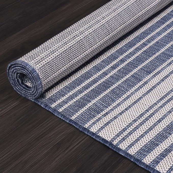 Stripe Outdoor Rug 5x7 Washable Outside Carpet for Indoor Patio Porch Waterproof Easy Cleaning Non Shedding Area Rugs Blue 5 x 7-Ruum Studio Home