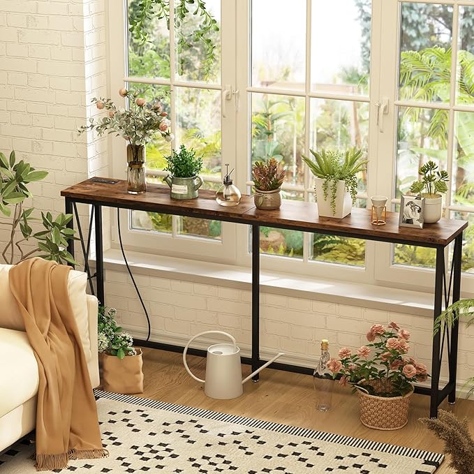 SUPERJARE 70 Inch Console Table with Outlets and USB-C Port, Extra Long Behind Couch Sofa Table with X-Shaped Design, Narrow for Entryway, Living Room, Metal Frame, Wooden Top, Rustic Brown-Ruum Studio Home