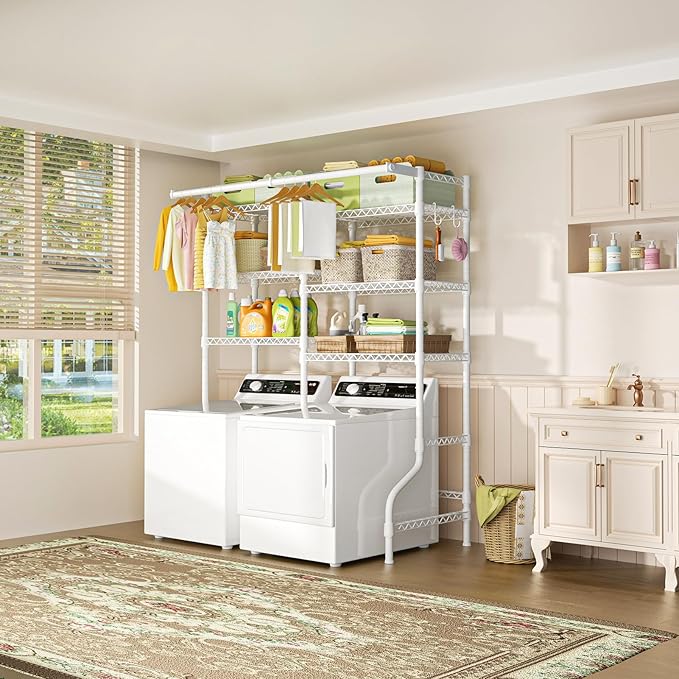 Ulif U13 Medium Over Washer and Dryer Storage Shelves, 6 Tiers Laundry Room Standing Shelf with 2 Hanger Rods, Space Saver Clothes Drying Rack, 57.8" W x 22" D x 77.4" H, White-Ruum Studio Home