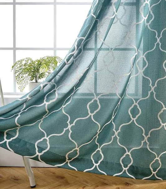MIUCO Moroccan Embroidery Semi Sheers Curtain Faux Linen Grommet Window Curtains for Bedroom 52 x 95 Inch 2 Panels, Teal-Ruum Studio Home