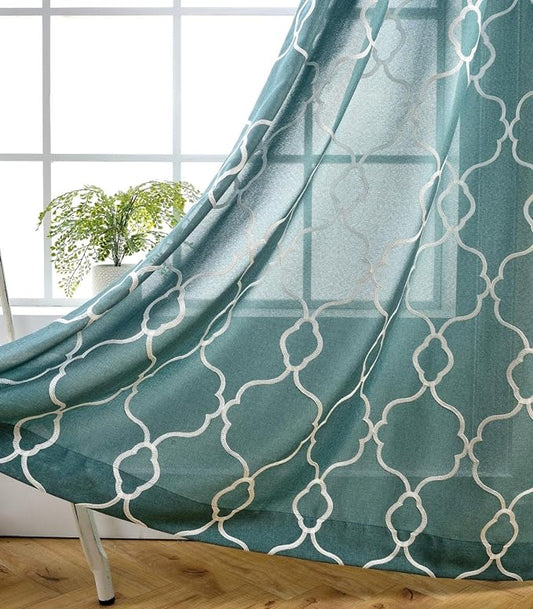 MIUCO Moroccan Embroidered Semi-Sheer Curtains Faux Linen Grommet Curtains for Living Room 52 x 84 Inch 2 Panels Set, Teal-Ruum Studio Home