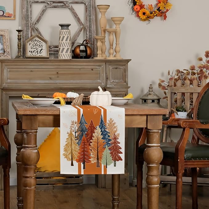 GEEORY Fall Watercolor Trees & Maple Leaves Striped Table Runner 13x108 Inch, Rustic Farmhouse Autumn Thanksgiving Decor for Kitchen, Dining, Indoor/Outdoor Holiday Dinner Party Orange GT157-108-Ruum Studio Home