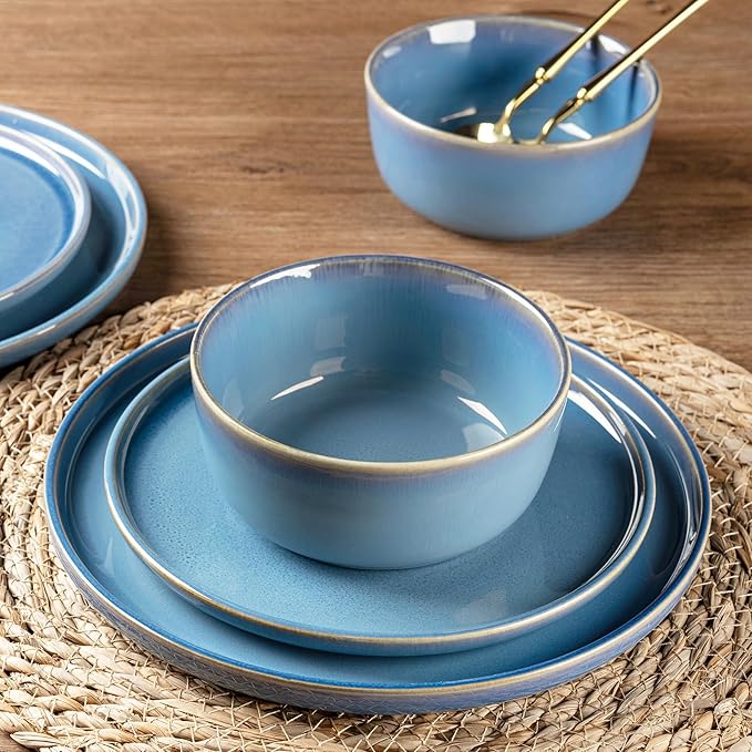 GBHOME Ceramic Dinnerware Sets for 4, 12 Pieces Stoneware Plates and Bowls Sets, Reactive Glaze Dishes -Scratch Resistant, Dishwasher&Microwave Safe-Alaskan Blue-Ruum Studio Home