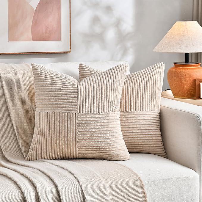Fancy Homi 2 Packs Tan Decorative Throw Pillow Covers 16x16 Inch for Living Room Couch Bed Sofa, Farmhouse Boho Home Decor, Soft Corss Patchwork Corduroy Textured Square Beige Cushion Case 40x40 cm-Ruum Studio Home