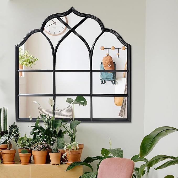 Window Mirror Pane, Black Metal Frame, Cathedral Arched Wall Mirrors Decorative Over Fireplace Mantel, Farmhouse Decorations for Dining Living Room Hallway Entryway-Ruum Studio Home