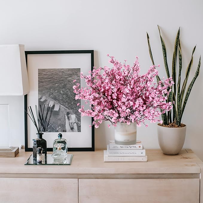 Sggvecsy 15 Pcs Babys Breath Artificial Flowers Gypsophila Bouquets Bulk Real Touch Fake Silk Flowers for Home Wedding DIY Floral Arrangement Kitchen Table Centerpiece Festival Decoration (Pink)-Ruum Studio Home