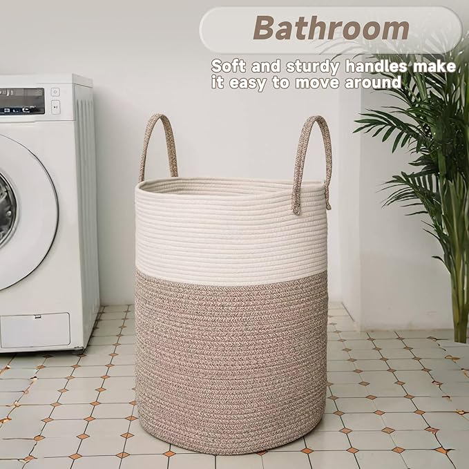 Large Woven Laundry Basket Hamper,80L Cotton Rope Storage Bin for Blankets,Toys and Clothes,Decorative Tall Nursery Hamper for Living Room,Baby Nursery,Bathroom and Bedroom,Brown-Ruum Studio Home