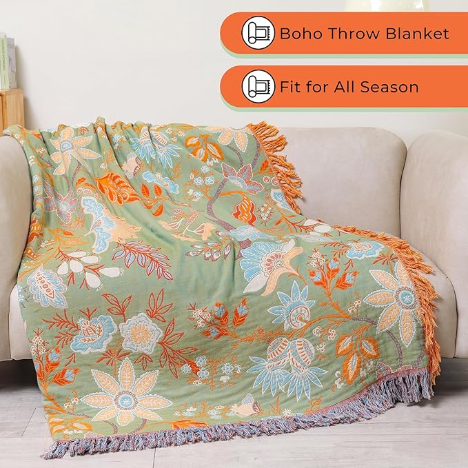 Boho Fall Throw Blanket for Bed，100% Ultra Cotton Soft Breathable Bed Throw Floral Printed Farmhouse Decor Rustic Bed Throws for Couch Sofa Quilt 90" x 98"-Orange& Sage Green-Ruum Studio Home