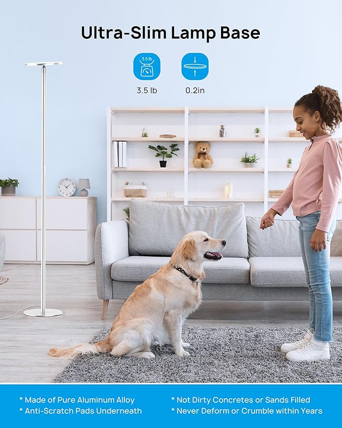TROND Floor Lamp, LED Torchiere Uplight Lamp, 5 Brightness Aluminum Modern Standing Light, 5500K Natural Daylight, 5000 lm, 71in Tall, 30 Mins Timer, Detachable, for Office Living Room Bedroom, Silver-Ruum Studio Home