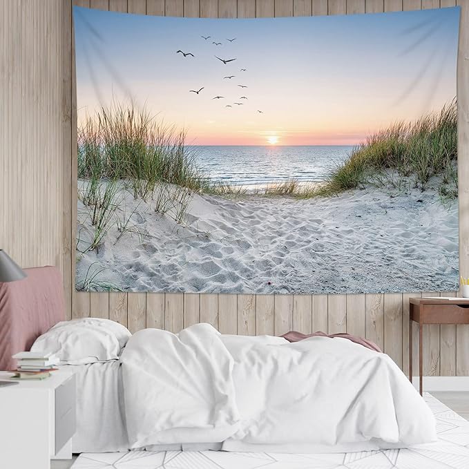 HVEST Ocean Beach Tapestry Wall Hanging, Sunset Seabird and Beach with Grass, Natural Landscape for Bedroom, Living Room, Dorm Decoration, 92.5x70.9 Inches-Ruum Studio Home