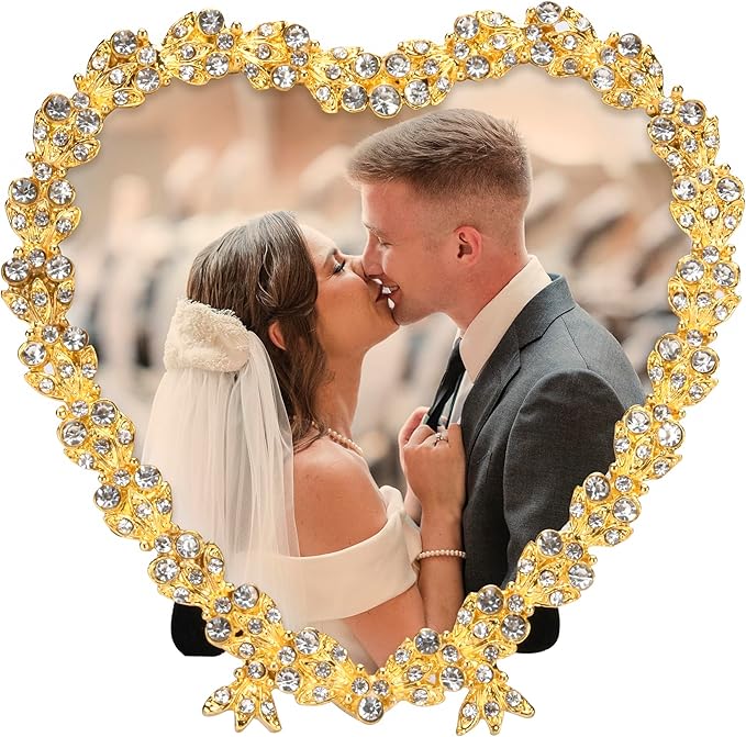 Heart Shaped Wedding Picture Frames for Couple - Beaded Crystal 4x4 Picture Frame – Engagement Gift, Wedding Gift for newlyweds - Fits 3.5x3.5 photo - Valentine Picture Frame (Golden)-Ruum Studio Home