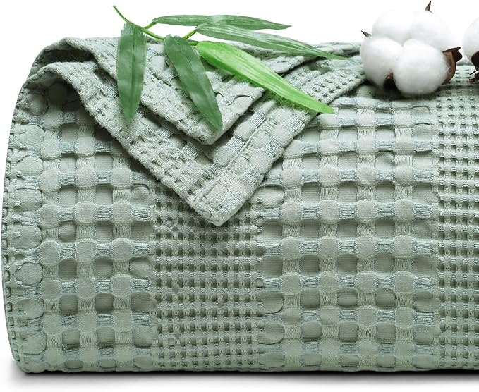 PHF Cooling Waffle Blanket Queen Size, Lightweight 60% Rayon Derived from Bamboo & 40% Cotton Breathable Blanket for Hot Sleepers, Soft and Luxury for Bed Couch and Sofa, 90"x90", Sage Green-Ruum Studio Home