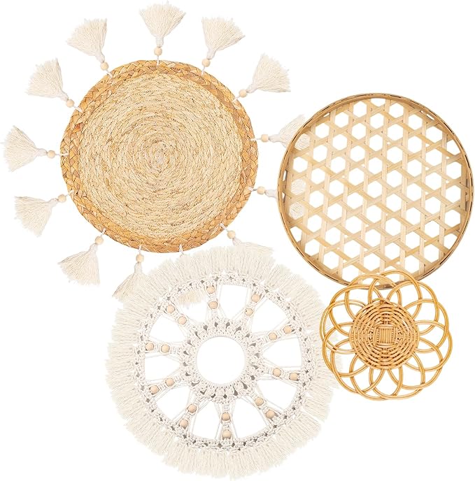 Boho Wall Basket Decor Set of 4 - Flat Woven Basket Wall Hanging Decor,Round Tassels White Macrame Tapestry Wall Decor Art,Handmade Rattan Wicker Seagrass Home Wall Baskets Decor(Wooden Beads Style)-Ruum Studio Home