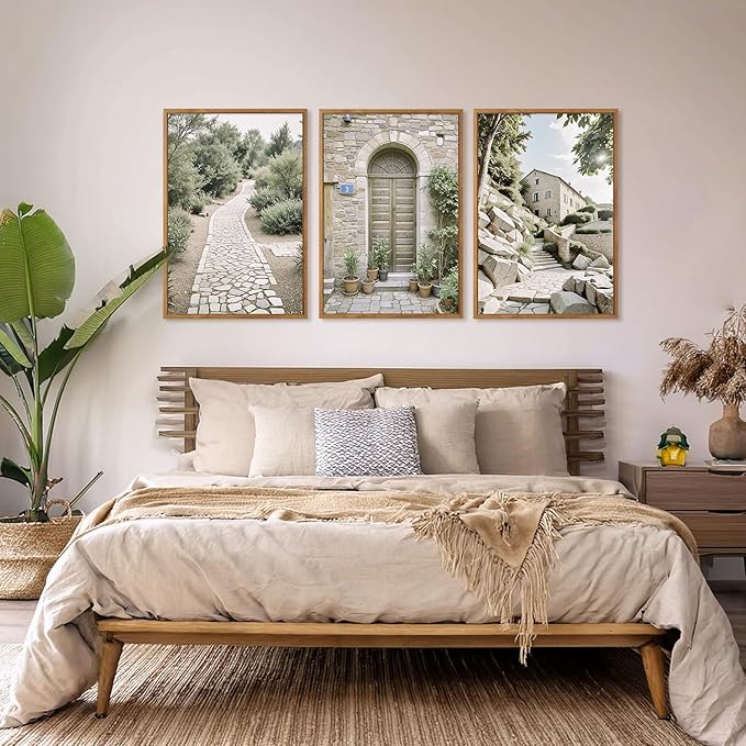 Aurlan Neutral Italy Countryside Landscape Framed Wall Art(16"x24"), 3PCS Vintage Mediterranean City Photography Gallery Canvas Artwork, Large Old Town Architecture Travel Decor Prints for Office Bedroom-Ruum Studio Home