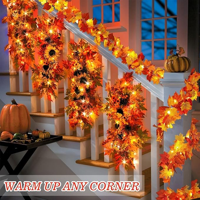 2 Pack Fall Decor Maple Leaves Garland with Lights Battery Operated Fall Thanksgiving Decorations Garland for Home Porch Front Door Table Mantle Outdoor Autumn Harvest Halloween Decor, 11.8Ft 40LED-Ruum Studio Home