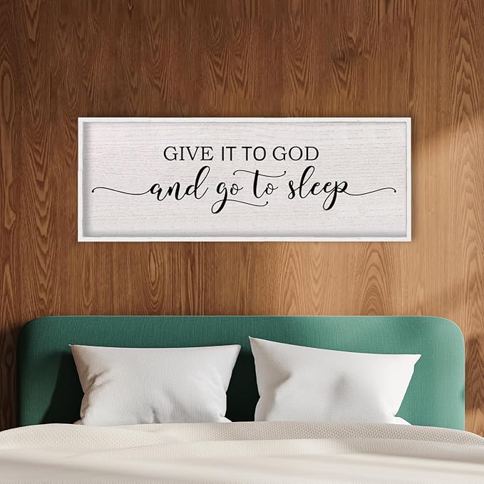 Give It To God And Go To Sleep Above Bed Wall Decor Sign 40"X15" Master Bedroom Over Bed Wall Wood Framed Art (White)-Ruum Studio Home