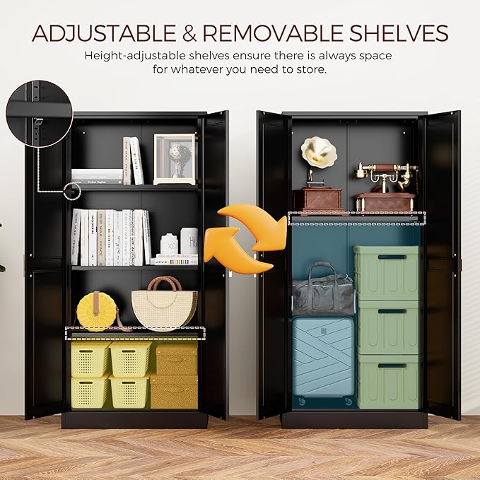 60" Tall Metal Pantry Cabinet, Black Kitchen Pantry Storage Cabinet with Doors and 3 Adjustable Shelves, Cupboard for Kitchen, Dining Room, Living Room, Bathroom-Ruum Studio Home