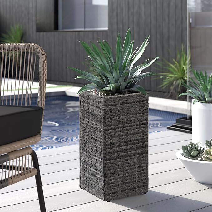 LEWIS&WAYNE Set of 2 Tall Planters for Outdoor Plants Handmade 24'' Wicker Tall Square Planter Box with Removable Liners Modern Planter for Indoor Outdoor Garden Patio Front Porch - Gray-Ruum Studio Home