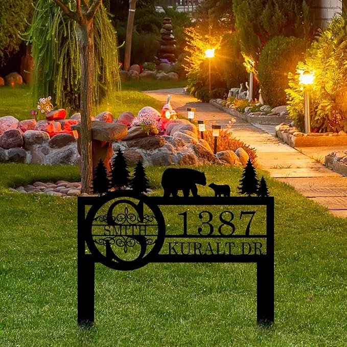 Personalized Custom Bear Wildlife Decor with Metal Stake - Address House Number Name Sign for Farmhouse, Yard, Camping-Ruum Studio Home