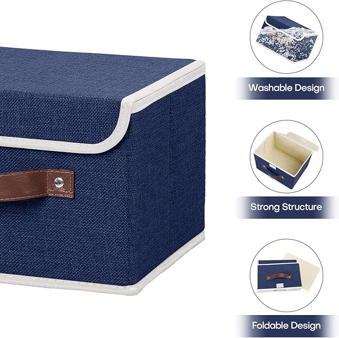 ANMINY Storage Bin with Lid Storage Boxes with PU Leather Handles PP Plastic Board Decorative Foldable Lidded Cotton Linen Fabric Home Cubes Baskets Closet Organizer Container - Blue, Small Size-Ruum Studio Home