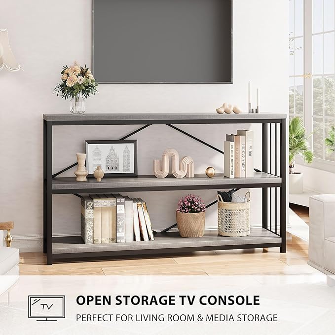 LVB Farmhouse Entryway Table, Metal Wood Console Table for Hallway, Industrial Rustic Sofa Table with 3-Tier Storage Shelf, Modern Entry Table for Foyer Front Home Living Room, Light Grey Oak, 47 inch-Ruum Studio Home