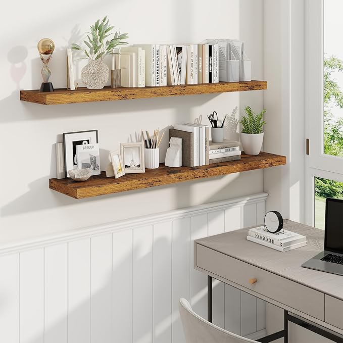Fun Memories 48 Inch Deep Floating Shelves for Wall, 2 Pack of Long Wall Mounted Wood Shelves with Invisible Brackets for Bathroom, Bedroom, Living Room, Kitchen Decor and Storage, Brown-Ruum Studio Home