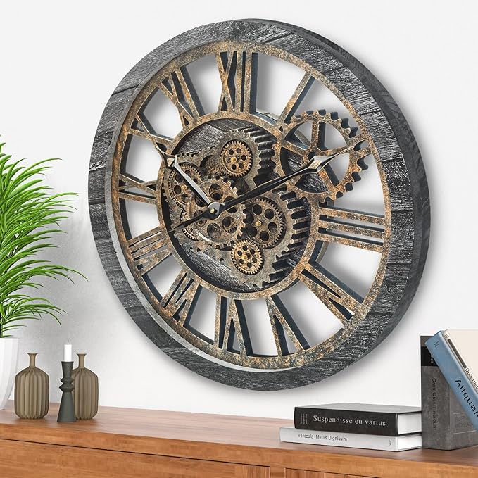 HOIBAI Wall Clock, Large Wall Clocks for Living Room Decor 18 Inch Battery Operated Silent Non-Ticking Modern Farmhouse Vintage Roman Big Wall Clock for Home Bedroom House Office, Moving Gears Clock-Ruum Studio Home