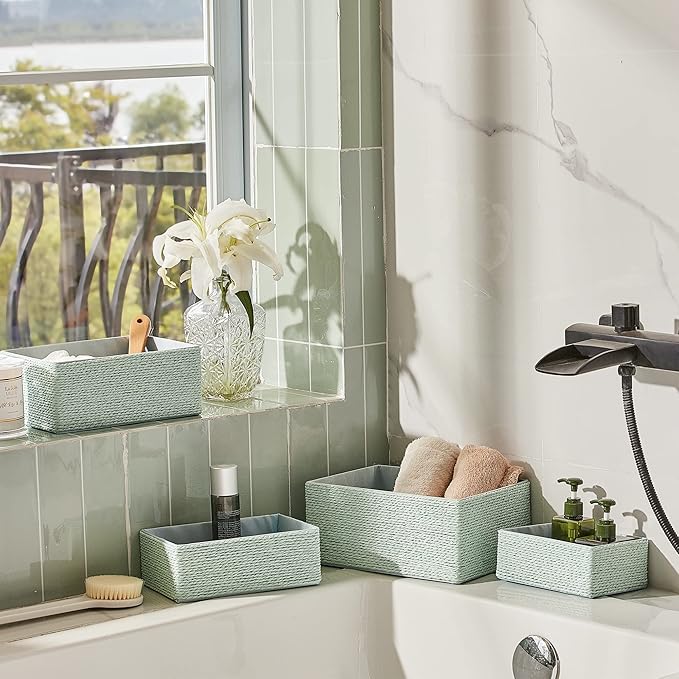 LA JOLIE MUSE Storage Baskets Set 4 - Stackable Woven Basket Paper Rope Bin, Storage Boxes for Makeup Closet Bathroom Bedroom (Light Green)-Ruum Studio Home