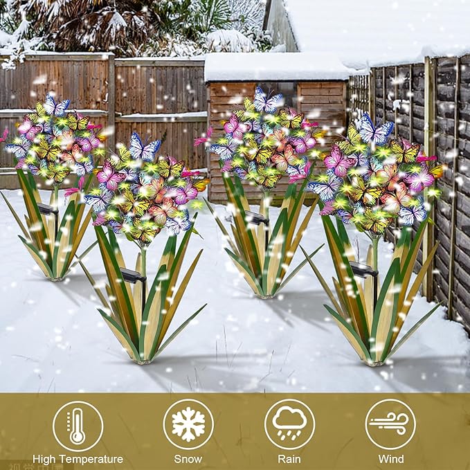 Solar Metal Agave Butterfly Flower Stick Garden Sculpture - Outdoor Gift, Christmas Lights, Swaying Butterfly, Sunflower - Solar Outdoor Statues (3 PCS Light Green)-Ruum Studio Home