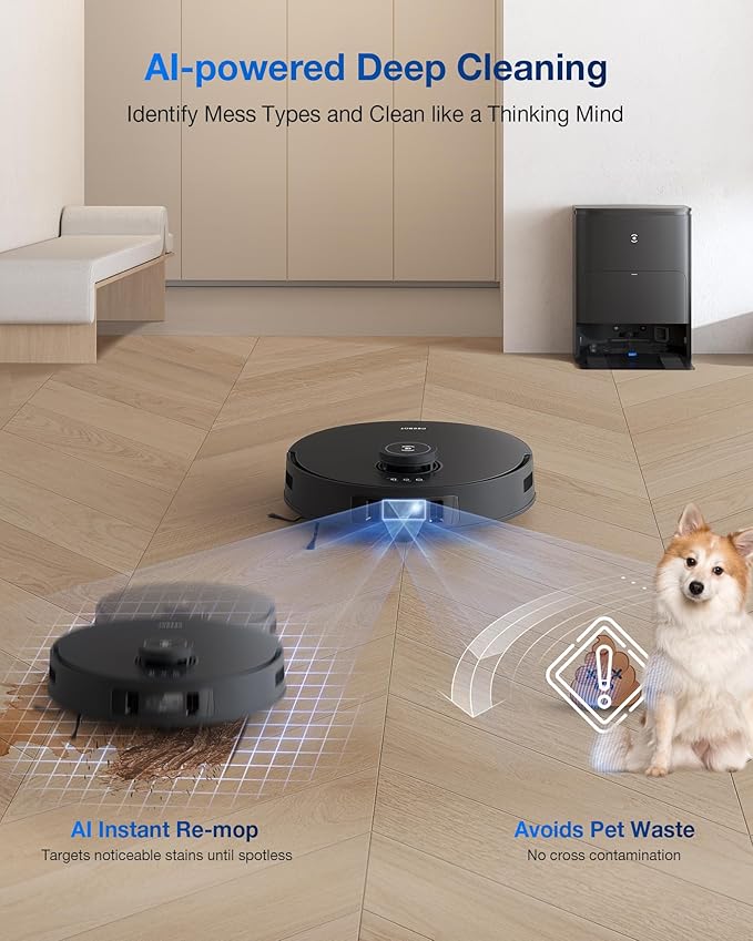 ECOVACS DEEBOT T30S PRO Robot Vacuum and Mop, 11000Pa, TruEdge Adaptive Edge Mopping, ZeroTangle Technology, AI Instant Re-mop, Self-Emptying & Refilling, AI Obstacle Avoidance-Ruum Studio Home