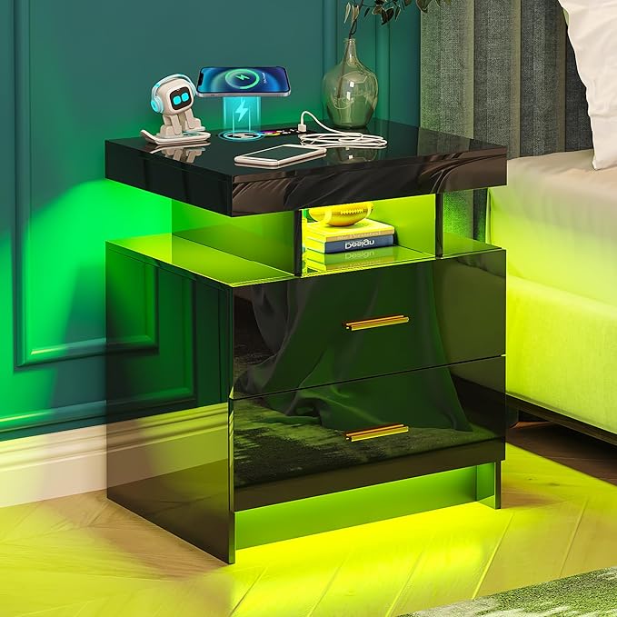 Night Stand with Light, High Gloss Nightstand with USB/Wireless Charging Station, LED Black Nightstands with Storage Drawers, RGB Side End Table for Bedroom Furniture（Black）-Ruum Studio Home