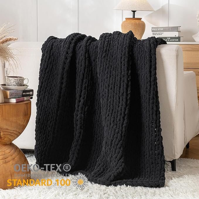 Chunky Knit Blanket Throw, 100% Hand Knit Throw Blanket Handmade Chenille Cable Knit Throw for Couch, Stylish Cozy Soft Rope Knot Crochet Blanket for Home Decor, Black, 50x60 Inches-Ruum Studio Home
