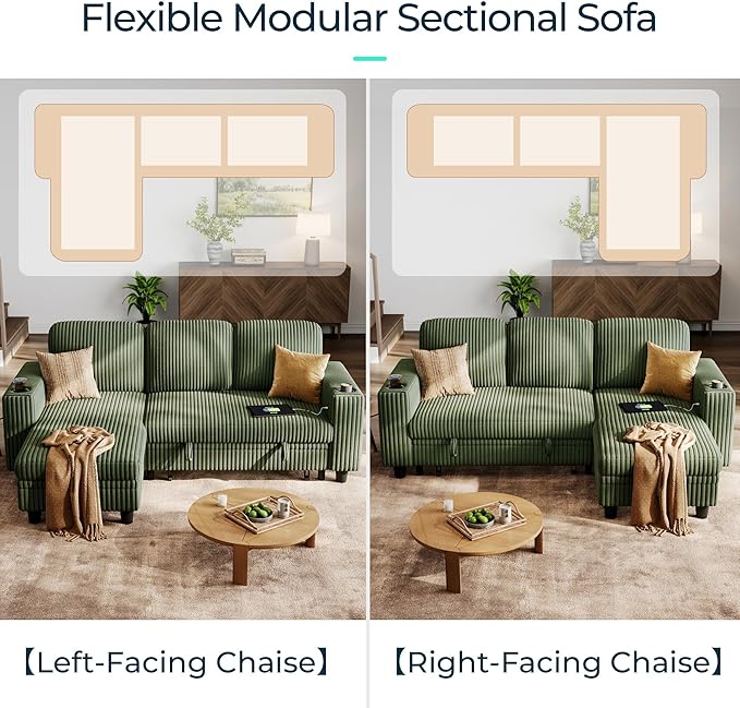 LINSY HOME Sectional Sleeper Sofa with Pull Out Couch Bed Convertible Plush Corduroy Cloud Couch with Storage Chaise & USB Charging, Comfy L Shaped Modular Couches for Living Room Apartment (Green)-Ruum Studio Home