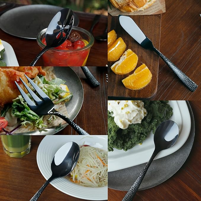 Silverware 45-Piece Black Hammered Flatware Set with Serving Utensils Stainless Steel Thick Handle Mirror Polished Cutlery Set for Wedding Hotel Restaurant, Service for 8-Ruum Studio Home