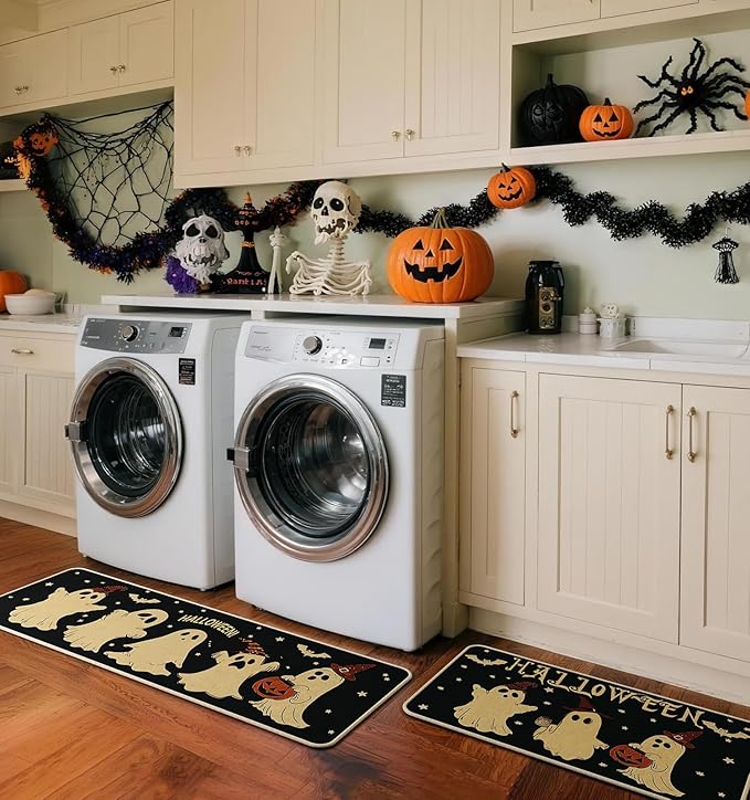 Halloween Kitchen Mat Set of 2, Pumpkin Ghost Bat Halloween Kitchen Decor, Halloween Rug for Floor, Indoor Spooky Home Decor with Non-Slip Backing,17 x 29 Inch & 17 x 47 Inch-Ruum Studio Home