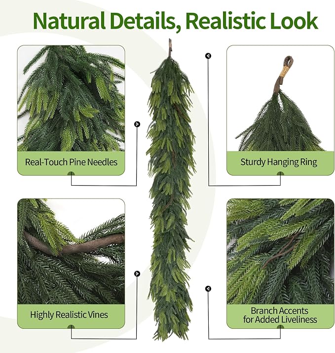 6FT Artificial Norfolk Pine Garland 2 Pack – Dense Green Christmas Garland, Real Touch Holiday Greenery for Front Door, Fireplace Mantel, Staircase, Indoor Outdoor Home Decoration-Ruum Studio Home