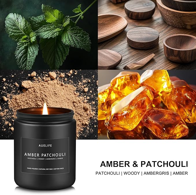 Amber & Patchouli Candle | Candles for Men - Scented Candles for Home, Gifts for Men - Soy Candle for Home Scented, Aromatherapy Manly Gift - 7oz Black Jar-Ruum Studio Home