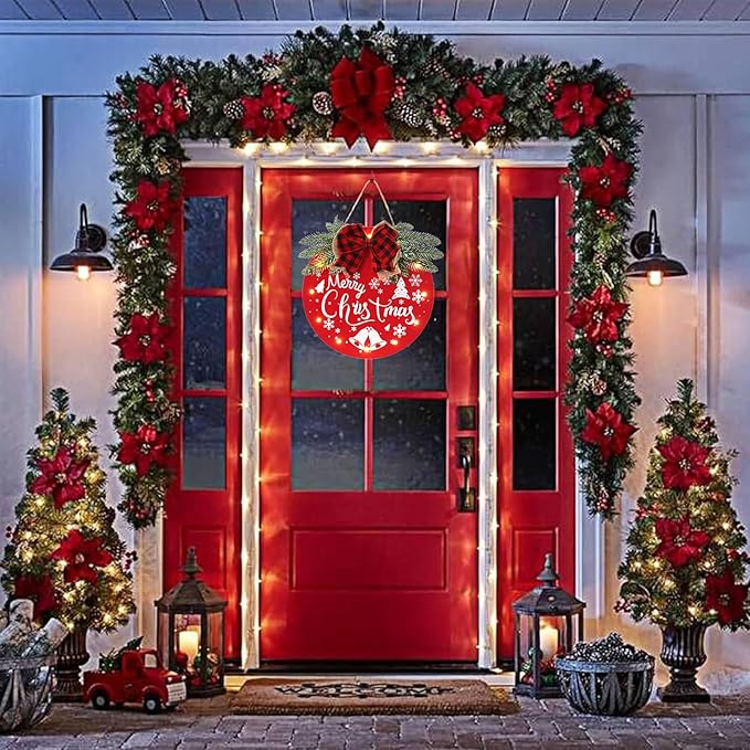 HOMCDALY Merry Christmas Welcome Sign for Front Door, Red X-mas Sign with Light, Holiday Door Decoration Wooden Hanging Sign, Christmas Decoration, Wall Art, Wall Decor(Red)-Ruum Studio Home
