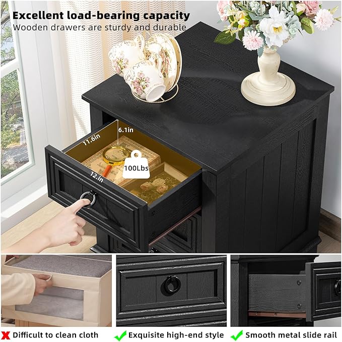Farmhouse Night Stand Set of 2, 18" End Table with 3 Drawer Metal Handle, Dresser for Bedroom, Sofa Bed Side Table Chest of Drawers,Wood Nightstand Cabinet for Organizer, Living Room-Black-Ruum Studio Home