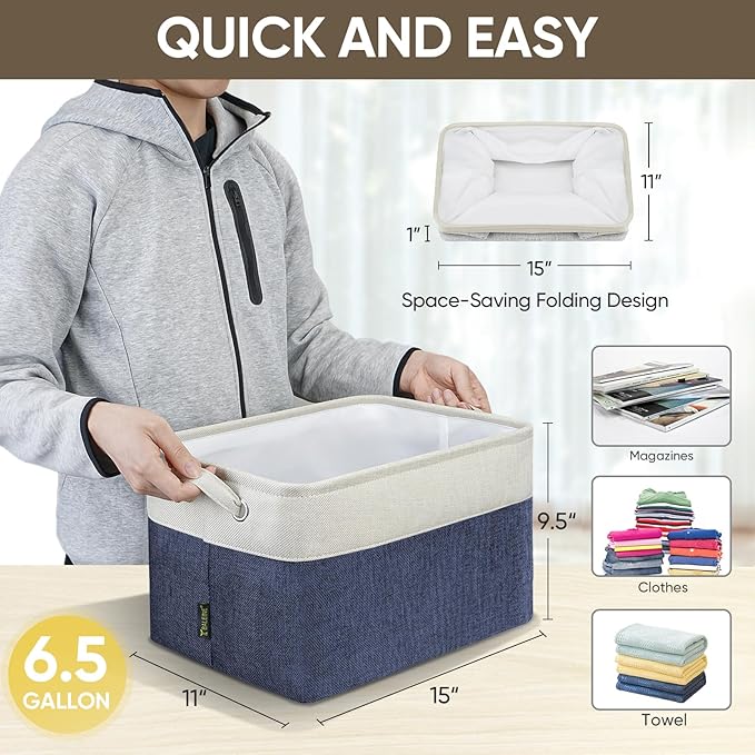 BALEINE 3 Pack Fabric Storage Bins for Shelves, Linen Storage Baskets for Organizing, Decorative Closet Bins for Clothes, Home (Navy Blue, 15"x11"x9.5")-Ruum Studio Home
