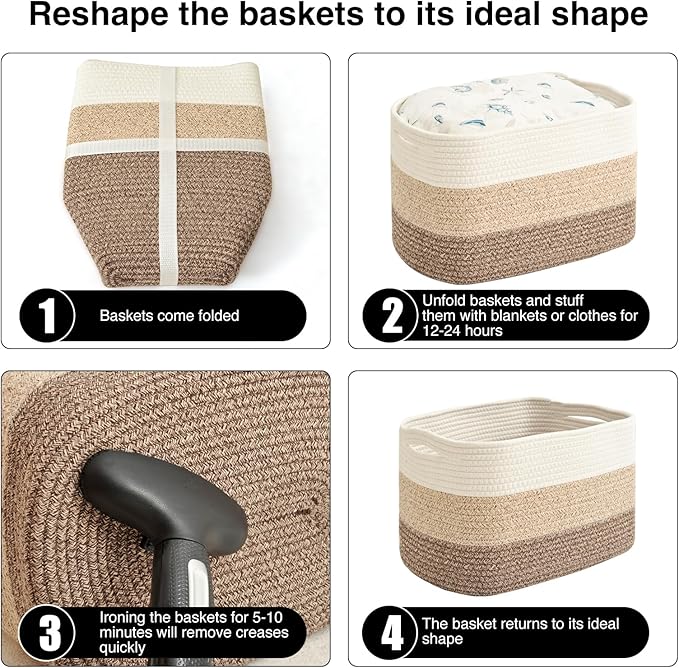 Storage Baskets for Organizing & Shelves, Woven Cotton Rope Organization Bins for Dog Toys, Clothes, Books, Nursery Organizer, 15"Lx11"Wx9.5"H, (4 Packs) Gradient Brown-Ruum Studio Home
