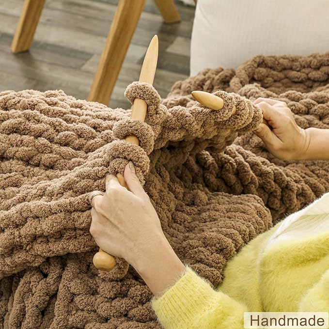 WESHIONGOO Chunky Knit Blanket Throw 50"×60" Knitted Throw Blankets for Couch Bed Fluffy Soft Blanket with Jumbo Chenille Yarn Thick 100% Handmade (Brown)-Ruum Studio Home