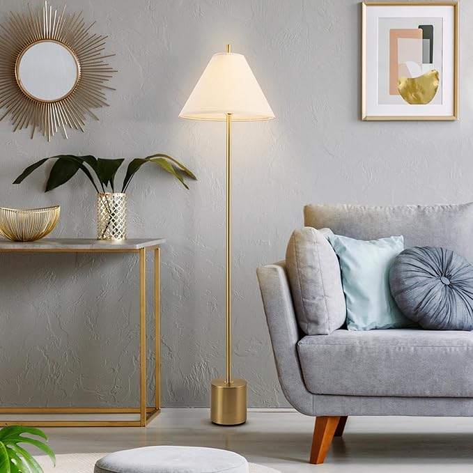 GLOBE Electric 61000060 60" Floor Lamp, Matte Brass Finish, Beige Linen Shade, Heavy Weighted Base, Rotary Switch on Shade, Modern Standing Light for Living Room, Home Office Accessories-Ruum Studio Home