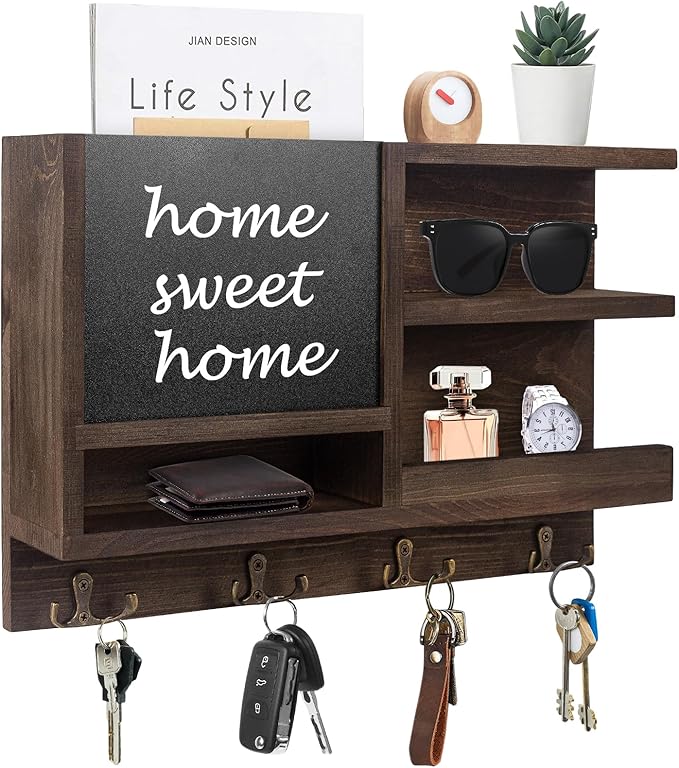 Key Holder for Wall, Mail Organizer Wall Mount with Key Hooks and Chalkboard & Mirror for Sunglasses Storage and Dog Leash Hanger, Decorative with 4 Double Hooks-Ruum Studio Home