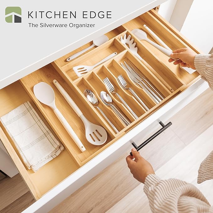 Premium Silverware, Flatware and Utensil Organizer for Kitchen Drawers, Food-Safe Contract Grade, Expandable from 14 to 25 In, Natural Bamboo-Ruum Studio Home