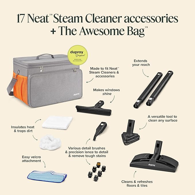 Dupray Neat Steam Cleaner with 18-Piece Kit – (Neat with the Awesome Bag) Powerful, chemical-free cleaning for floors, cars, tiles, grout, and more. *Kills 99.9% of Bacteria and Viruses-Ruum Studio Home