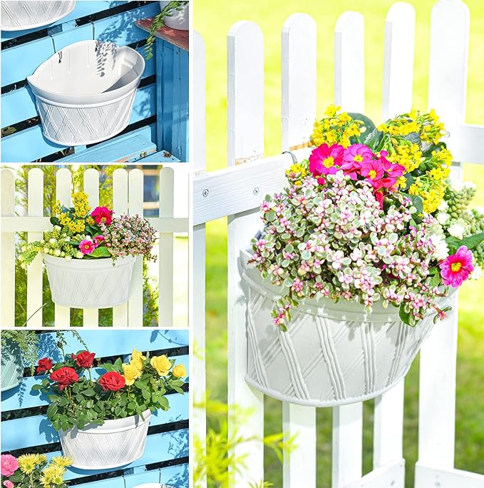 Sungmor Wall Hanging Planters,11.5 Inch Hanging Flower Pots for Railing Fence - Indoor Outdoor Balcony Wall Hanging Basket, Plastic Plant Pot Container - Half Round & 3PC Pack & Grey White-Ruum Studio Home